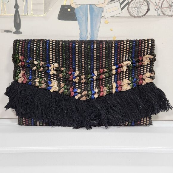 NWOT Metallic Striped Fringe XL Clutch - Picture 1 of 9